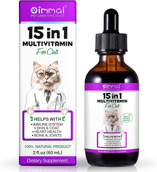 15-in-1 Multivitamin Drops for Cats - Immune Support, Skin & Coat Health, Digestion, Joint Care - with Vitamins A, B, C, D, E - Liquid Supplement for All Life Stages, Easy to Use, 2 fl.oz-PurrikoPets