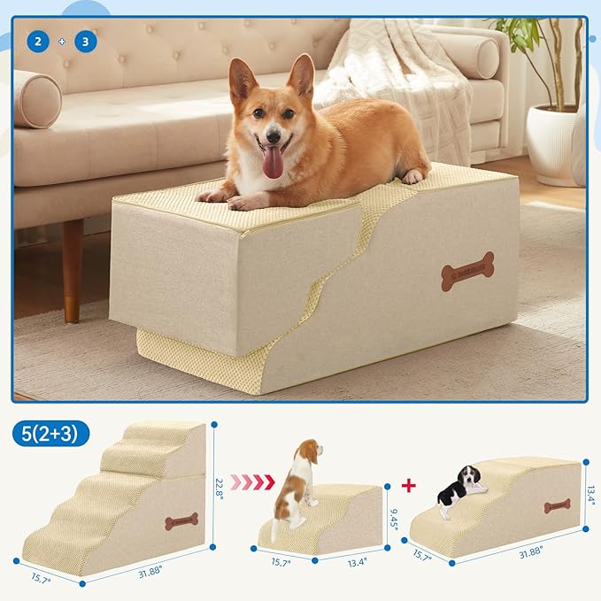 5-Step Spliceable Pet Stairs: Indoor& Outdoor Multi-Use with a Removable Cover and a Pocket, Best for Small Pets and Older Dogs Who Has Spine and Arthritis Issues to Get on High Beds, Beige（22.8" H）-PurrikoPets