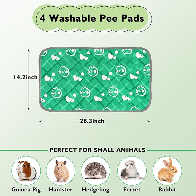 4 Pack Guinea Pig Bedding - Washable Guinea Pig Liners for C&C 2x1 Cage, Waterproof Reusable & Anti Slip Pee Pads Super Absorbent Mats for Small Animal Rabbit Hamster Rat (Green, 28 x 14 Inch)-PurrikoPets