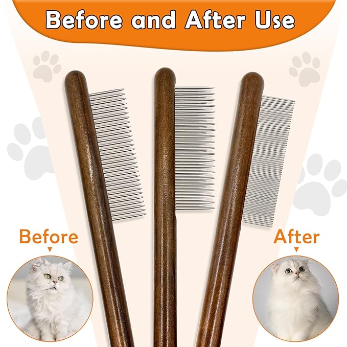 3 Pack Solid Wood Cat Combs, Stainless Steel Teeth for Cat Dog Rabbit Massage, Flea Lice Comb Removes Mats, Tangles and Loose Fur, Grooming Comb for Small Medium Pets-PurrikoPets