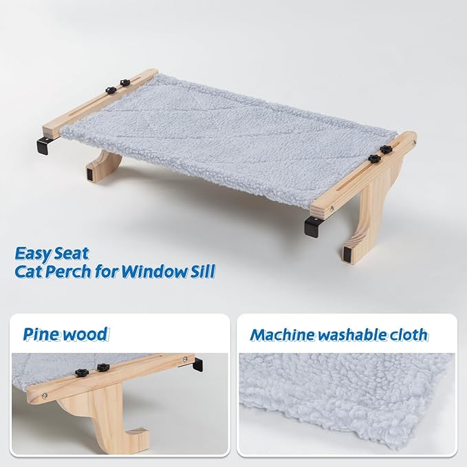 Easy Seat Cat Perch for Window Sill - Hammock Design w/Pine Wood & Robust Metal Frame - Cat Window Seat for Large Cats and Kittens (Natural Color Wood w/Gray Bed, Large (26''W x 14''D))-PurrikoPets