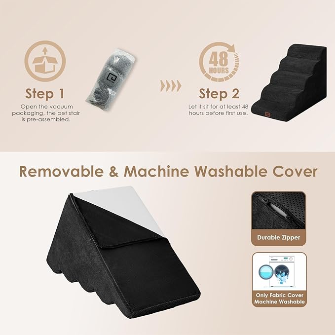 EHEYCIGA Curved Dog Stairs Ramp for High Beds, 5-Step Extra Wide Dog Steps for Small Dogs and Cats, Pet Stairs for High Bed Climbing, Non-Slip Balanced Pet Step Indoor, Black-PurrikoPets