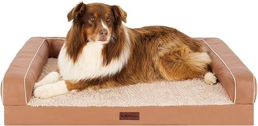 FurHaven Orthopedic Dog Sofa Bed – Memory Foam Couch with Bolsters, Textured Plush & Water-Resistant Cover, Washable Cover, Joint Support - Camel, Jumbo-PurrikoPets