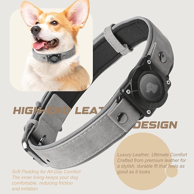 AirTag Dog Collar - Leather Dog Collar with Air Tag Holder | IPX8 Waterproof, Reflective, High - End, Adjustable Soft Padded | Dog GPS Tracker Collars Fit for Medium Large Dogs (Grey, XL)-PurrikoPets