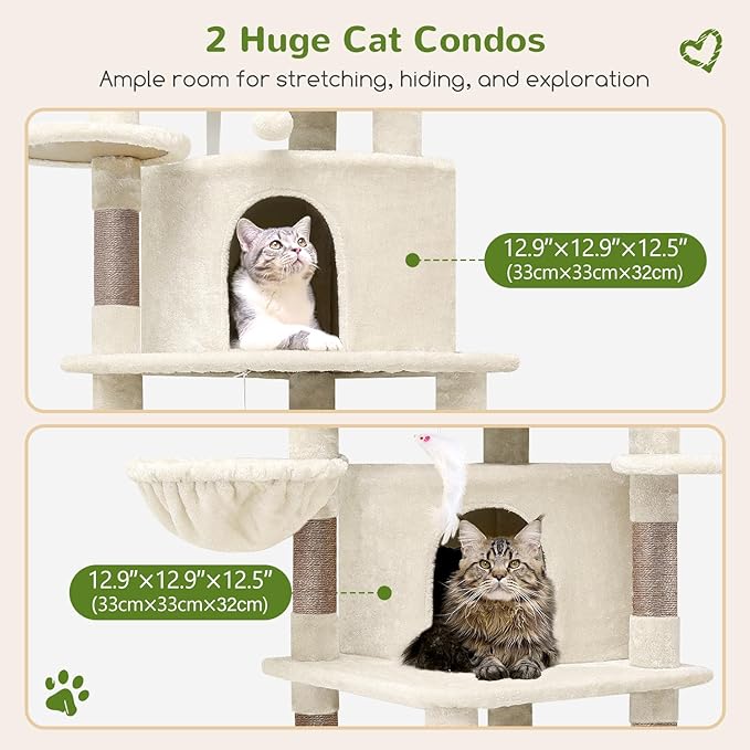 Globlazer Corner Cat Tree Tower for Large Cat, 66inch Tall Large Cat Tree Condo for Multiple Indoor Cats with 6 Scratching Posts, 2 Spacious Cat Condos, Soft Hammock, Hanging Basket, C66, Light Beige-PurrikoPets