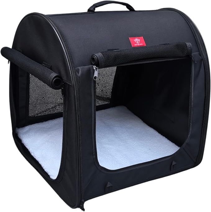 Fabric Portable Pet Kennel/Shelter, Single, Black 20"x20"x19.5" - Car Seat-Belt Fixture Included-PurrikoPets