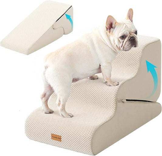 Gardner Pet Dog Stairs for Small Dogs 16.5" H, 2 in 1 Transformable 3-Step Pet Stairs and Dog Ramp for Couch (13-20 in), Beige Adjustable Pet Steps with Non-Slip Waterproof Cover and CertiPUR-US Foam-PurrikoPets