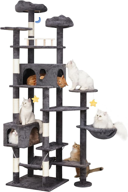 85in Giant Cat Tree for Heavy Duty Big Cats, Large Cat Trees with Scratching Post, Cat Tree Tower with Cat Condos, Hammock & Plush Perch for Maine Coon, Smoky Gray-PurrikoPets