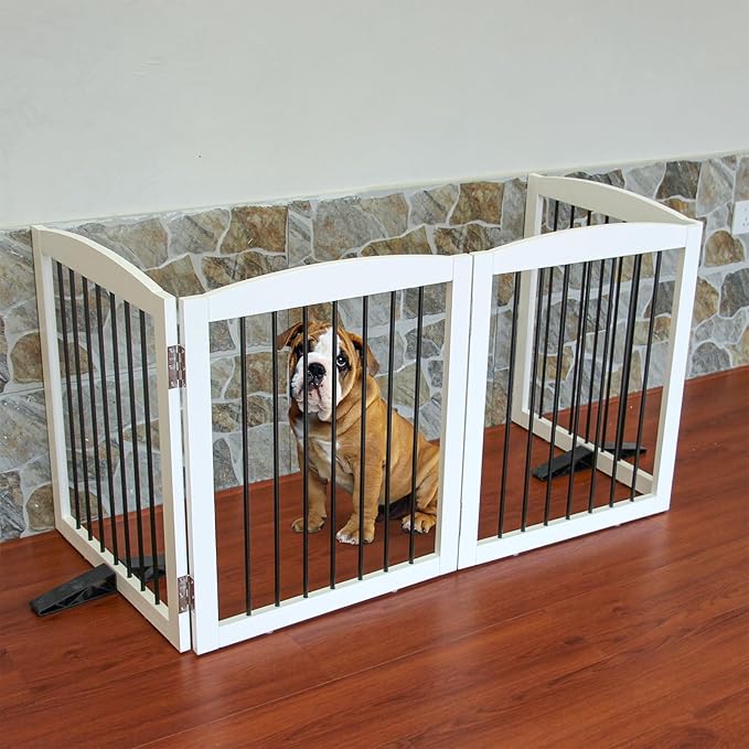 Freestanding Panel Dog Gate for Indoor, Doorways, Stairs, or Hallways - Foldable Wooden Pet Fence With Support Feet - 24" Height, 4 Panels, White-PurrikoPets