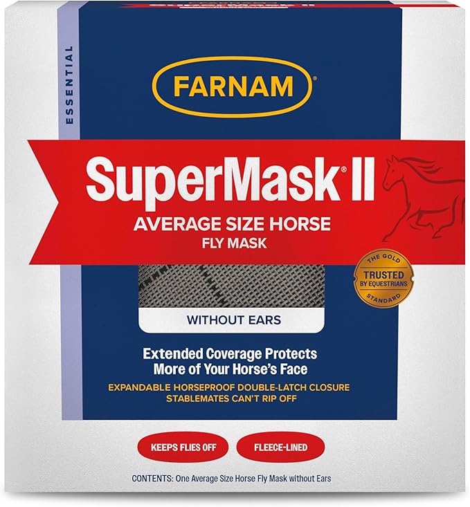 Farnam SuperMask II horse fly mask without ears, extended coverage, protects eyes from insects and debris, adjustable throat latch, Average Horse Size-PurrikoPets