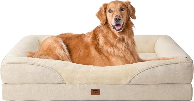 EHEYCIGA Memory Foam XL Dog Bed for XLarge Sized, Extra Large Orthopedic Dog Sofa with Sides and Waterproof Liner, Washable Bolster Pet Bed Couch with Removable Cover, 42x30x7.5 Inch, Beige-PurrikoPets