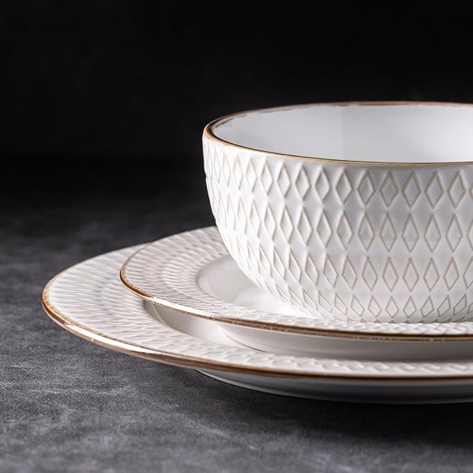 GBHOME Ceramic Dinnerware Sets, 24 pcs Embossed Elegant Stoneware Plates and Bowls Sets, Housewarming Wedding Gift | Dishwasher & Microwave Safe | Dishes Set Service for 8-PurrikoPets
