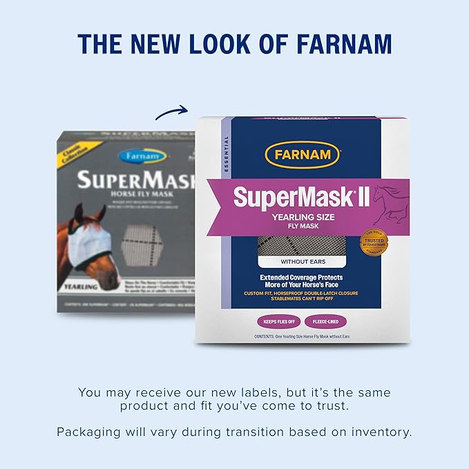 Farnam SuperMask II horse fly mask without ears, extended coverage, protects eyes from insects and debris, adjustable throat latch, Yearling size-PurrikoPets