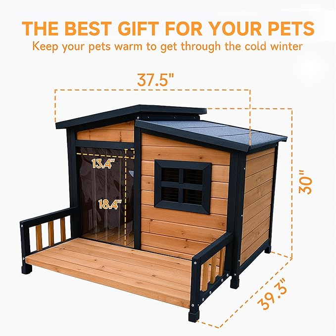 GARWOOD Large Outdoor Indoor Wooden Dog House for Small Large Dog Kennel Wood Sturdy Pet Puppy Warm Home with Durable Weatherproof Asphalt Roof Insulated Elevated Floor Outside Shelter Brown 39x37x30“-PurrikoPets