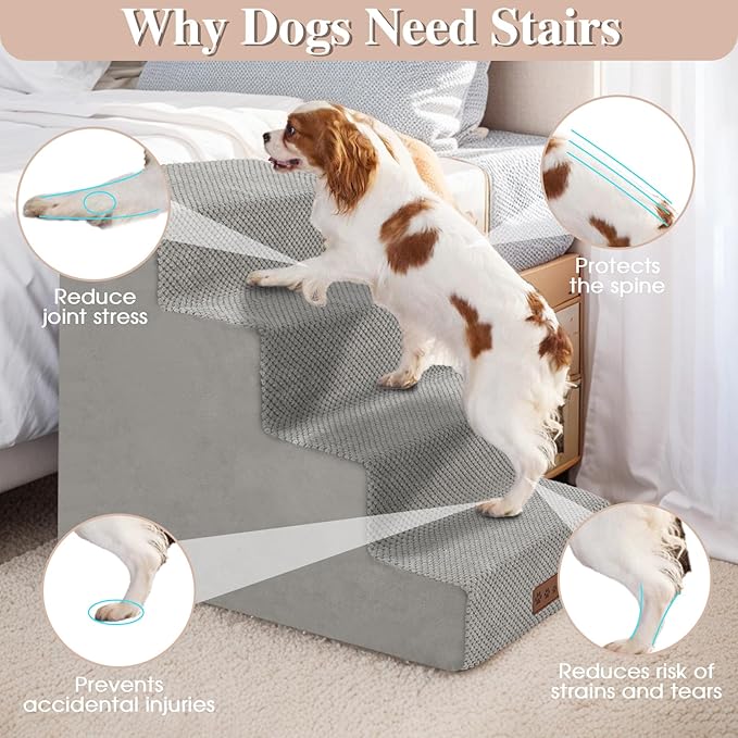 GGIB Non-Slip Pet Stairs for Small Dogs & Cats - 4-Step, Removable Washable Cover, Light Grey, 17" H-PurrikoPets