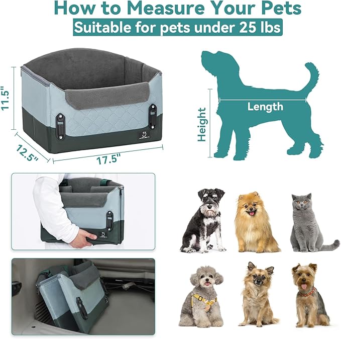 A 4 Pet Dog Car Seats for Small Dogs, Booster Car Seat with Patent Buckles & Clip-On Safety Leash, Pet Seat for Puppy Small Dogs Cats Under 25 Lbs, Green-PurrikoPets