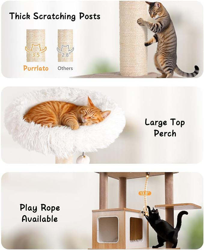 61" Wooden Cat Tree Tower for Indoor Cats, Luxury Modern Wooden Tower with XL Plush Lounge, Hammock & Scratching Posts for Maine Coon 20 lbs-PurrikoPets