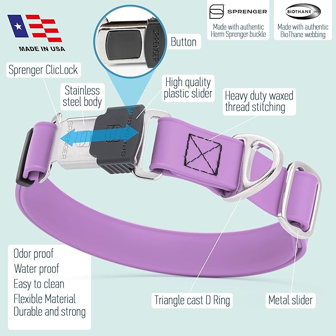 Dogline Biothane Waterproof Dog Collar with Herm Sprenger Stainless Steel Quick Release Buckle – Heavy Duty Tactical Durable Collar for Dogs – Comfortable and Safe Pet Collar, W 1" L 15-25", Amethyst-PurrikoPets