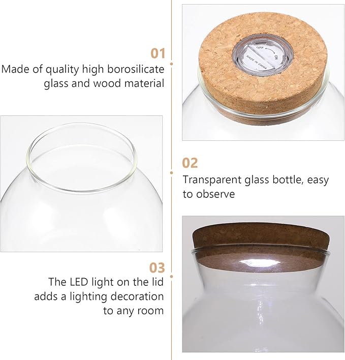 Fish Bowl with LED Light - Small Betta Fish Tank with LED Lighting and Lid Glass Fish Bowl Small Aquarium Glass Terrarium Container Bottle for DIY Landscape, Home Decor-PurrikoPets