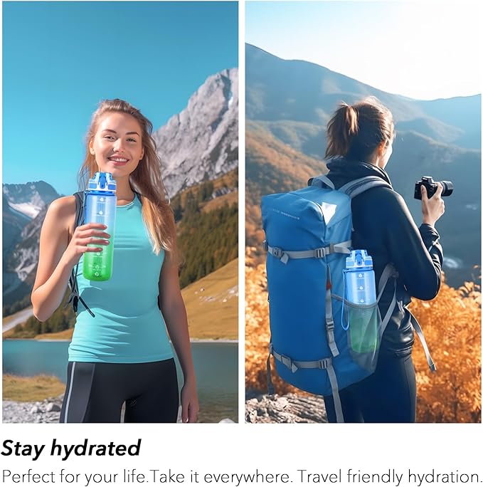 32oz Motivational Water Bottles with Time Marker & Fruit Strainer, Transparent Gradient Color Water Bottle with Times to Drink, Leakproof & BPA Free, Reusable Bottle with Strap (No Straw)-PurrikoPets