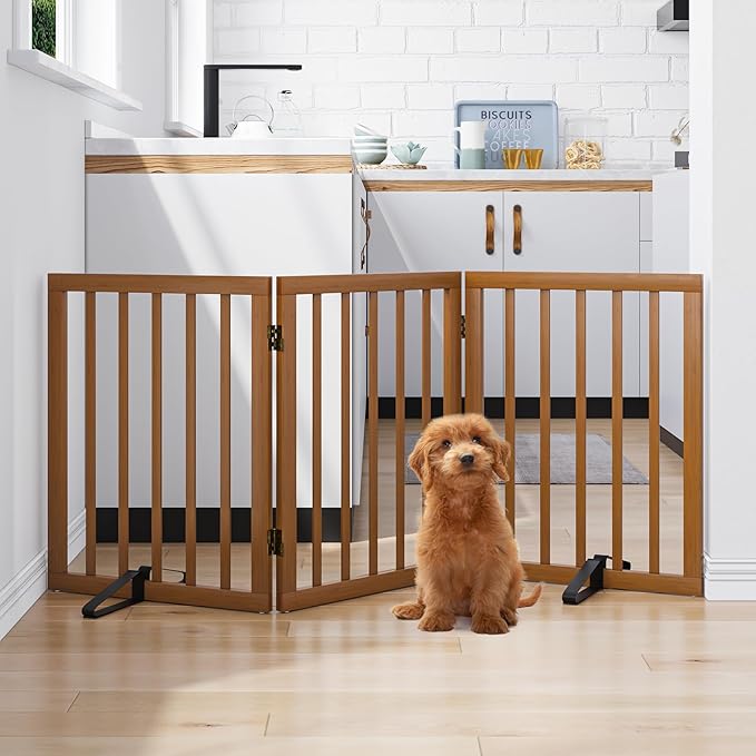 Freestanding Pet Gate Foldable Dog Gate (55 inches Wide) Walnut Bamboo Dog Gates for Stairs Doorways House (2 Support Feet Included)-PurrikoPets
