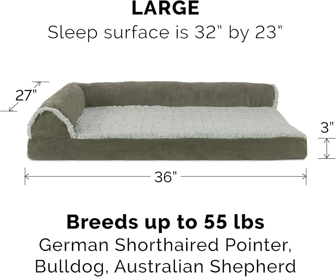 Furhaven Cooling Gel Dog Bed for Large/Medium Dogs w/ Removable Bolsters & Washable Cover, For Dogs Up to 55 lbs - Two-Tone Plush Faux Fur & Suede L Shaped Chaise - Dark Sage, Large-PurrikoPets