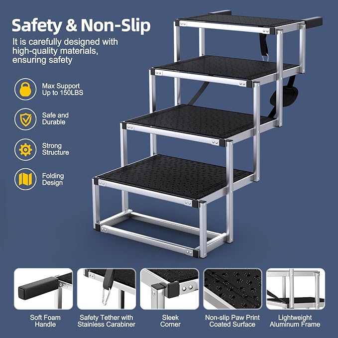 Dog Stairs for Car, Foldable Dog Ramp for Car with Non-Slip Surface, Portable Stairs Aluminum SUV, High Beds, Truck, Supports up to 150 lbs, 4 Steps-PurrikoPets