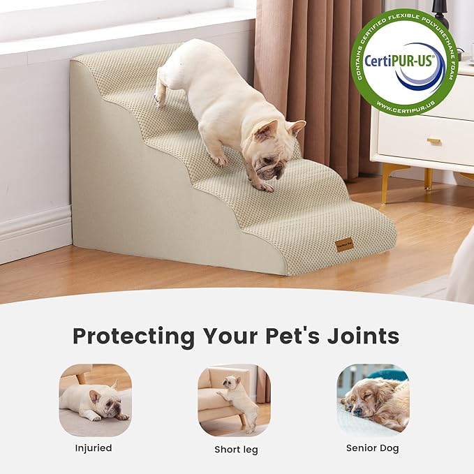Gardner Pet Dog Stairs for Small Dogs 22.8" H, 5-Step Beige Curved Pet Stairs, Dog Steps for High Bed, Couch (24-30 in) with Durable Non-Slip Waterproof Fabric Cover and CertiPUR-US Certified Foam-PurrikoPets