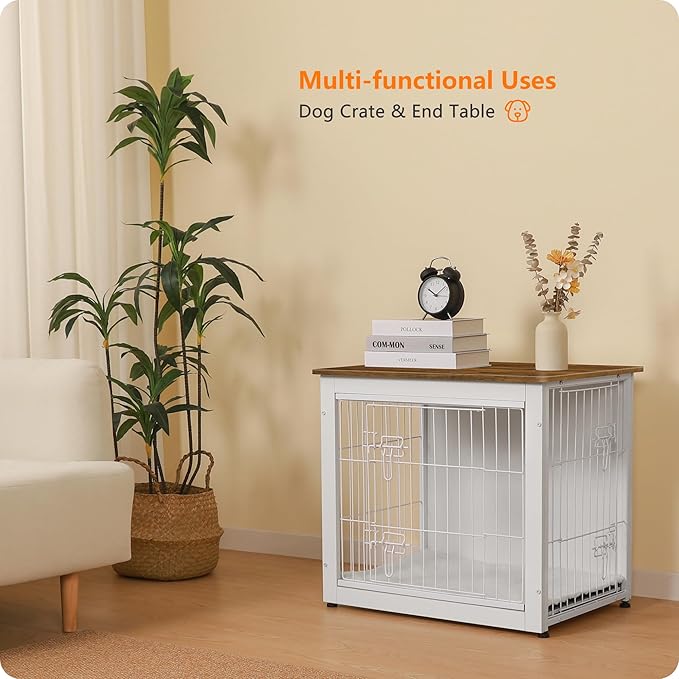 DWANTON Dog Crate Furniture with Cushion, Wooden Kennel Table with Double Doors, Indoor Dog House, Small/Medium/Large Size, 27.2" L, White+Warm Brown-PurrikoPets