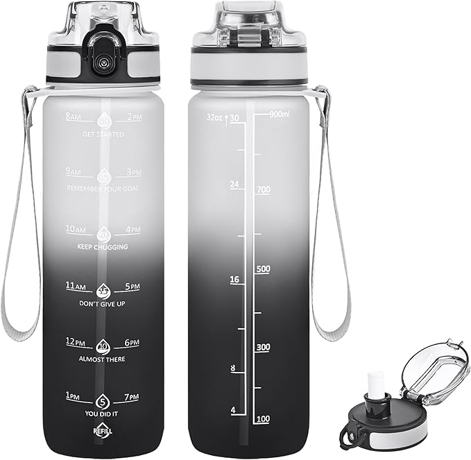 32oz Motivational Water Bottles with Time Marker & Fruit Strainer, Transparent Gradient Color Water Bottle with Times to Drink, Leakproof & BPA Free, Reusable Bottle with Strap (No Straw)-PurrikoPets