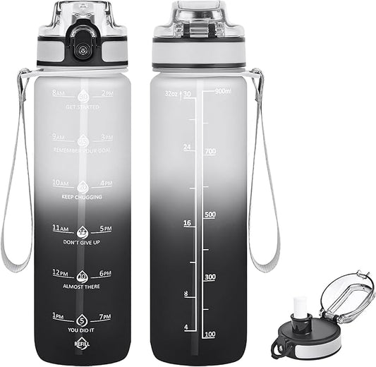 32oz Motivational Water Bottles with Time Marker & Fruit Strainer, Transparent Gradient Color Water Bottle with Times to Drink, Leakproof & BPA Free, Reusable Bottle with Strap (No Straw)-PurrikoPets