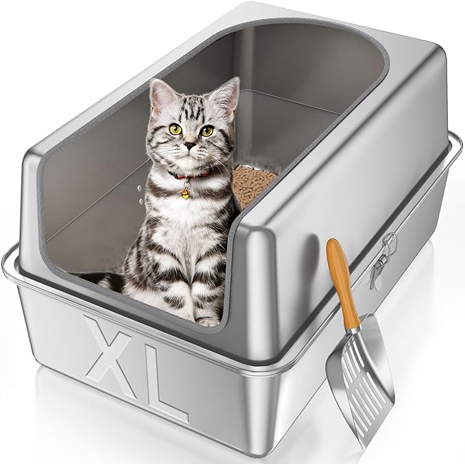 12'' High Sides XL All Stainless Steel Cat Litter Box with Lid,Deep Metal Litter Box for Big Cats,Extra Large Litter Boxes with High Wall Enclosure,Anti-Leakage,Never Absorbs Odors,Non-Sticky Surface-PurrikoPets