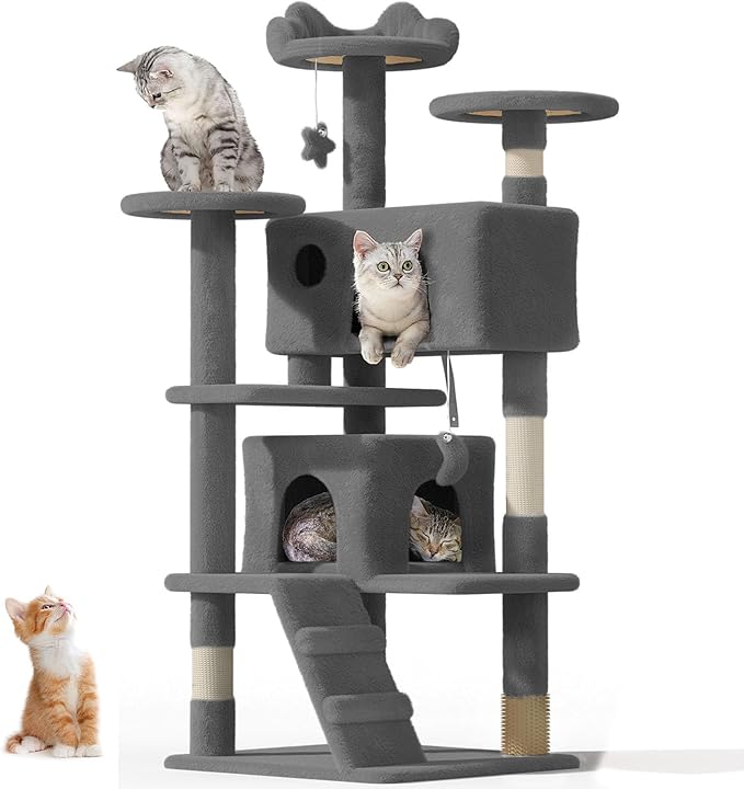 54" Cat Tree Tower for Indoor Cats Large Adult,Cute/Tall Modern Cat Tree for Big Cats 20 lbs, Plush Multi-Level Cat Condo with Scratching Posts,Hammock, Dangling Ball (Smoky Gray, 54 inch)-PurrikoPets