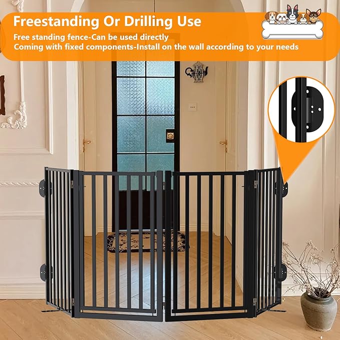 Free Standing Dog Gate with Door for Indoor Outdoor, Portable Dog Fence Foldable Design, Metal Black 32" Tall, Expandable 4 Panels Use for Front Door, Yard, Stairs-PurrikoPets
