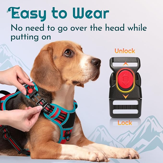 Eagloo Dog Harness Medium Sized, Easy Wearing with 3 Buckles, Adjustable No Pull Pet Harness with 2 Rings for Walking, No Chock Reflective Soft Padded Vest with Control Handle, Red & Teal, M-PurrikoPets
