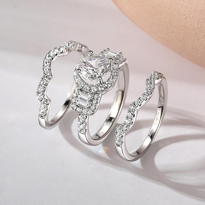 Jeulia 2 Carat Engagement Halo Rings for Women Sterling Silver Round Cut Bridal Set Cubic Zirconia Wedding Diamond Band Rings Promise Anniversary Rings for Her