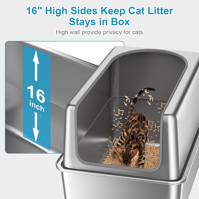 16'' High Sides XXXL All Stainless Steel Cat Litter Box with Lid,8'' Deep Metal Litter Box for Big Cats,Extra Large Litter Boxes with High Wall Enclosure,Anti-Leakage,Never Absorbs Odors,Non-Sticky-PurrikoPets