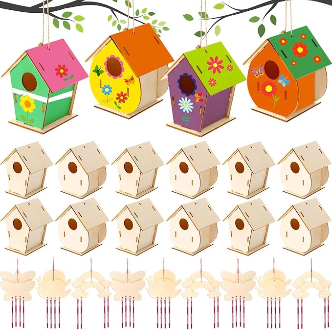 30 Pcs Crafts DIY Bird House Wind Chime Kit Unfinished Wood Birdhouse Kits 12 Wooden Birdhouses & 18 Wind Chimes Build and Paint Birdhouses Bulk Crafts Set-PurrikoPets