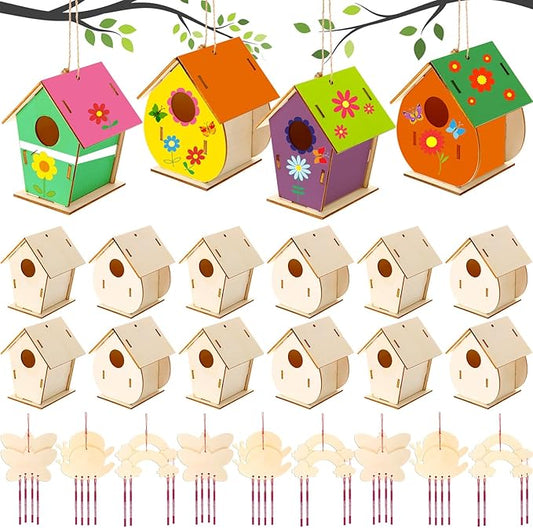 30 Pcs Crafts DIY Bird House Wind Chime Kit Unfinished Wood Birdhouse Kits 12 Wooden Birdhouses & 18 Wind Chimes Build and Paint Birdhouses Bulk Crafts Set-PurrikoPets