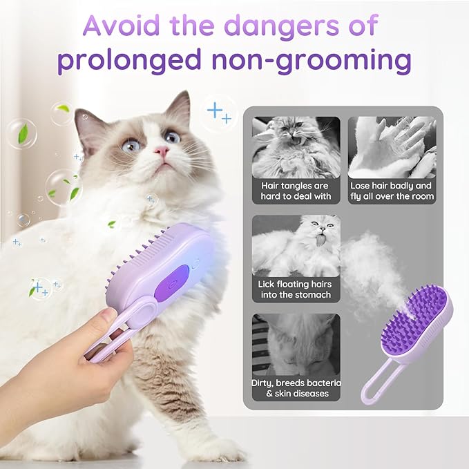 GKZ Cat Steam Brush, 3 in 1 Pet Comb for Massage, Cleaning, Shedding and Combing, Electric Mist to Prevent Flyaways for Home, Dogs and Cat Lovers - Purple-PurrikoPets