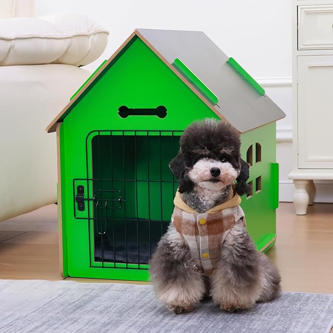 Dog House Indoor for Small Dogs or Cats, Cozy Wooden Design, Small Indoor Bed House, with Air Vents and Elevated Floor Warm Dog Cave (Green)-PurrikoPets