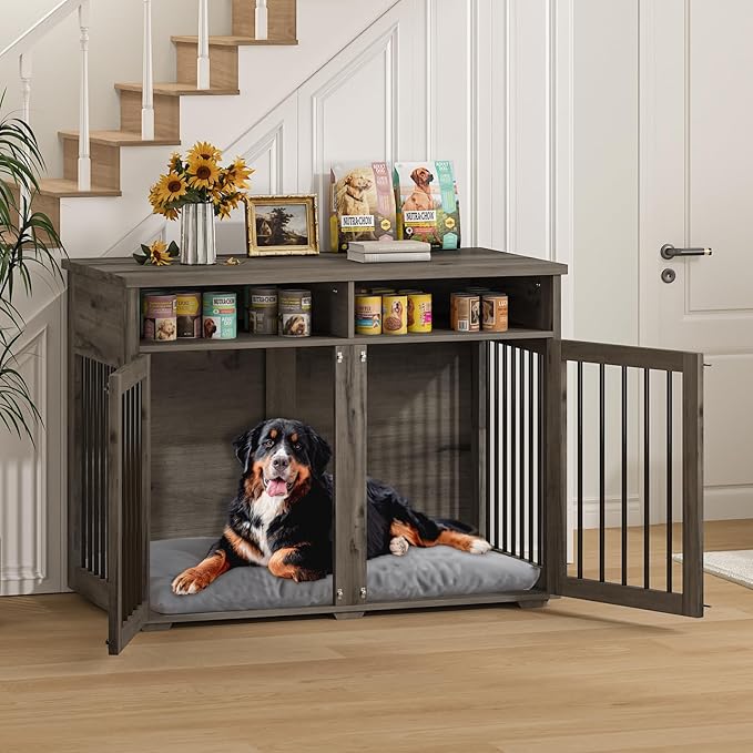 Furniture Dog Crate for 2 Dogs, 41 Inch Dog Kennel Furniture with Removable Divider and Shelf Storage, Wooden Dog Crate for Small/Medium Dogs, Grey-PurrikoPets
