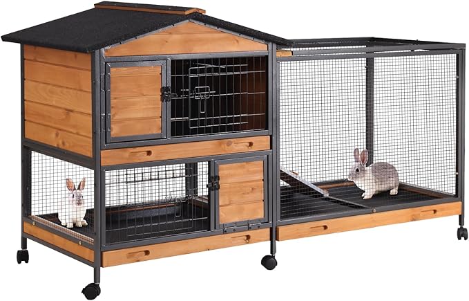 AIVITUVIN Rabbit Hutch Indoor with Metal Frame Rabbit Cage with Pull Out Tray No Leakage Bunny Cage with Wheel Guinea Pig Cage-PurrikoPets