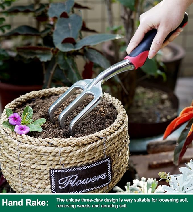 ESOW Garden Tool Set with Non-Slip Rubber Handle, 3 Piece Cast-Aluminum Heavy Duty Gardening Kit Includes Hand Trowel, Transplant Trowel and Cultivator Hand Rake, Red-PurrikoPets