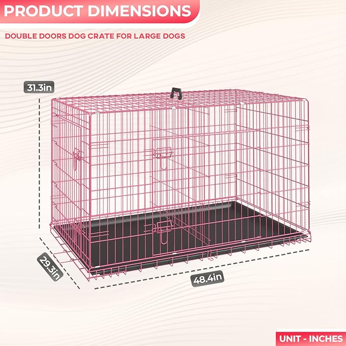 FDW Dog Crate for Large Dogs 48 Inch Folding Metal WirePet Cage Double Door W/Divider Panel Indoor Outdoor Kennel Leak-Proof Plastic Tray,Pink-PurrikoPets