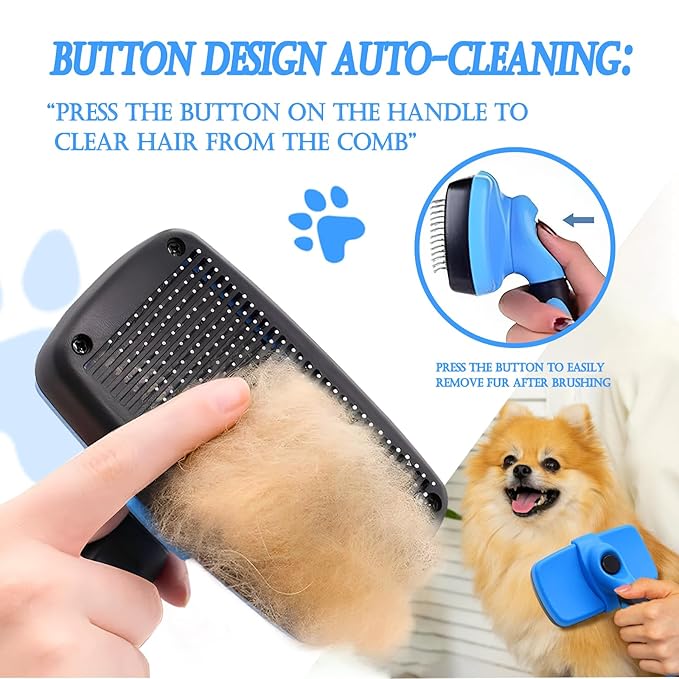 4 in 1 Cat Grooming Brush Self Cleaning Slicker Brush Dematting Tool for Dogs & Cats Haired Pets Skin Friendly, Deshedding Tool, Suitable for Pet Supplies Accessories, Blue-PurrikoPets