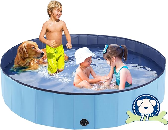 Foldable Dog Bath Swimming Pool Plastic Kiddie Pool Professional Tub Collapsible Grooming Bathtub for Pets Kids Baby and Toddler, 71 x 12 Inches Blue-PurrikoPets