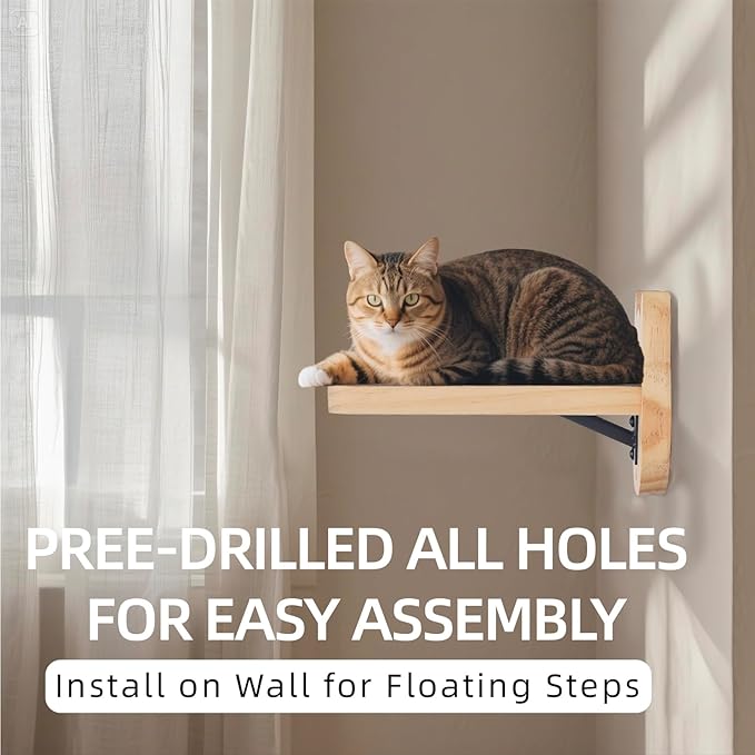 ESPETS Natural Solid Wood Cat Wall Floating Steps Set of 3 - Wall Mounted Wooden Cat Climbing Shelves and Perches, Kittty Stairs Ladder - Easy Install, Holds up 30lbs-PurrikoPets