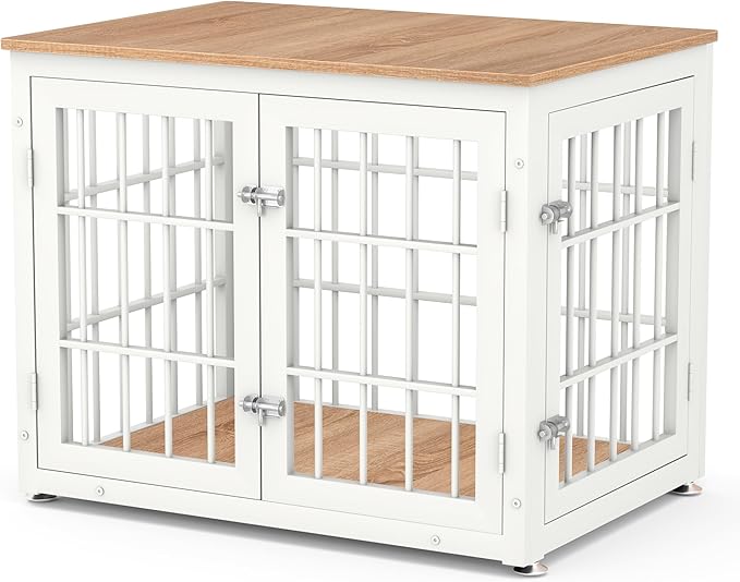 32 Inch Heavy Duty Dog Crate Furniture for Medium and Small Dogs, Decorative Pet House End Table, Wooden Cage Kennel Furniture Indoor, Natural and White-PurrikoPets