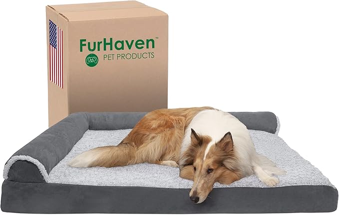 Furhaven Cooling Gel Dog Bed for Large Dogs w/ Removable Bolsters & Washable Cover, For Dogs Up to 125 lbs - Two-Tone Plush Faux Fur & Suede L Shaped Chaise - Stone Gray, Jumbo Plus/XXL-PurrikoPets